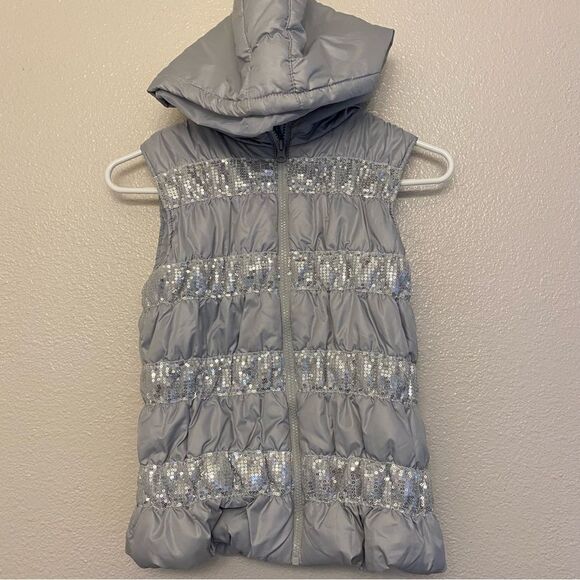 Heart N Crush Girls Size Small Silver Grey Hooded Puffer Vest Sequin Stripes - Picture 1 of 5